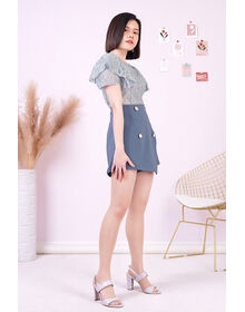 Lace Overlay Frill Sleeve Lace Trim Top (Grey Blue)